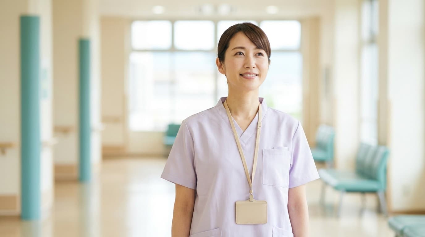 明るい病院の廊下で前を見据える看護師