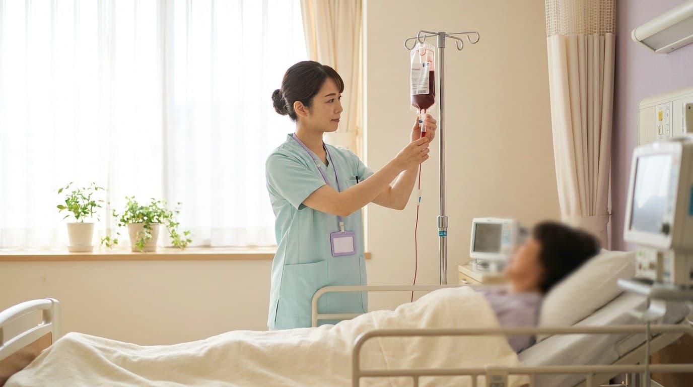 病室で輸血バッグと点滴ラインを確認する看護師