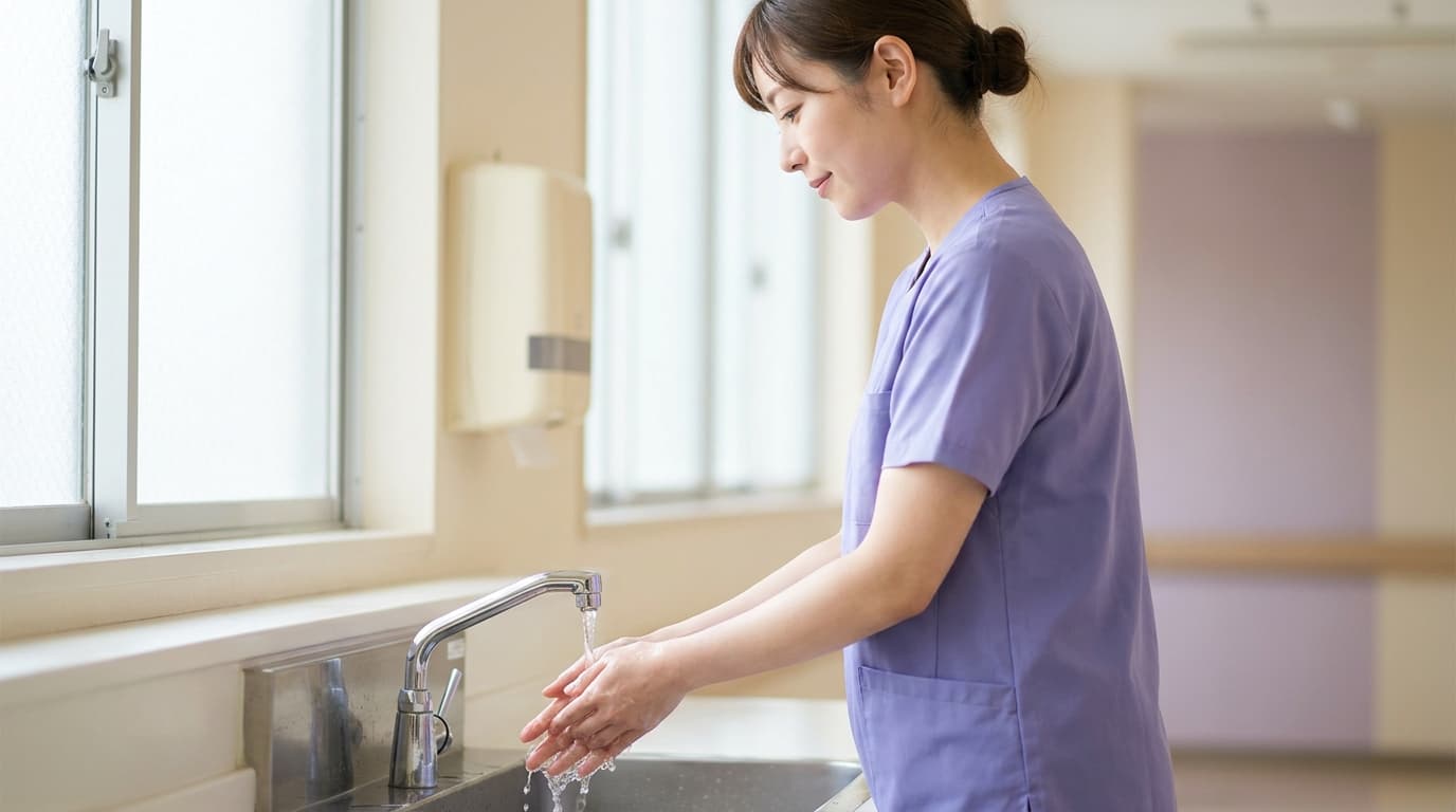 看護師が流水で手を洗い、背景にアルコール消毒ディスペンサーがある手指衛生のイメージ画像