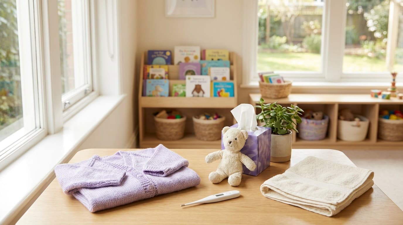 明るい保育室の一角。木目の低い机の上に、たたんだ薄紫色の子ども用カーディガン、くまのぬいぐるみ、ティッシュ箱、小さな観葉植物、清潔なデジタル体温計、たたんだ白いタオルが並び、奥に絵本を並べた低い棚と大きな窓が見える