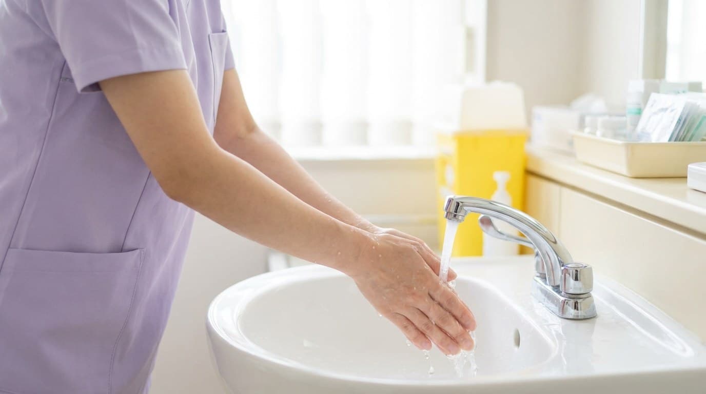 看護師が針刺し事故のあと流水で手を洗っているイメージ画像