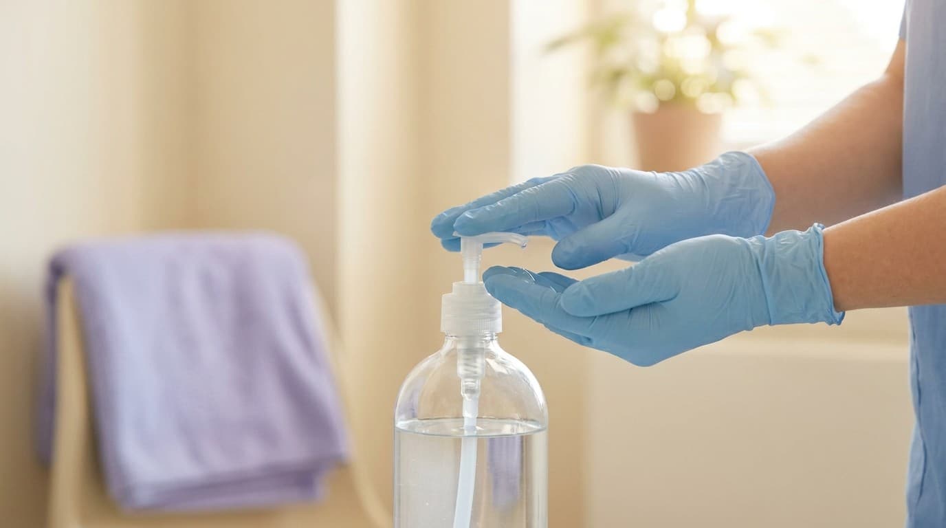 アルコール手指消毒薬を使う、ニトリル手袋をつけた看護師の手
